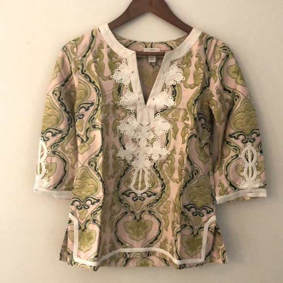 J. Crew Tops - J.Crew Silk Tunic Top in Green, Pink & Cream Floral Asian style print lace trim